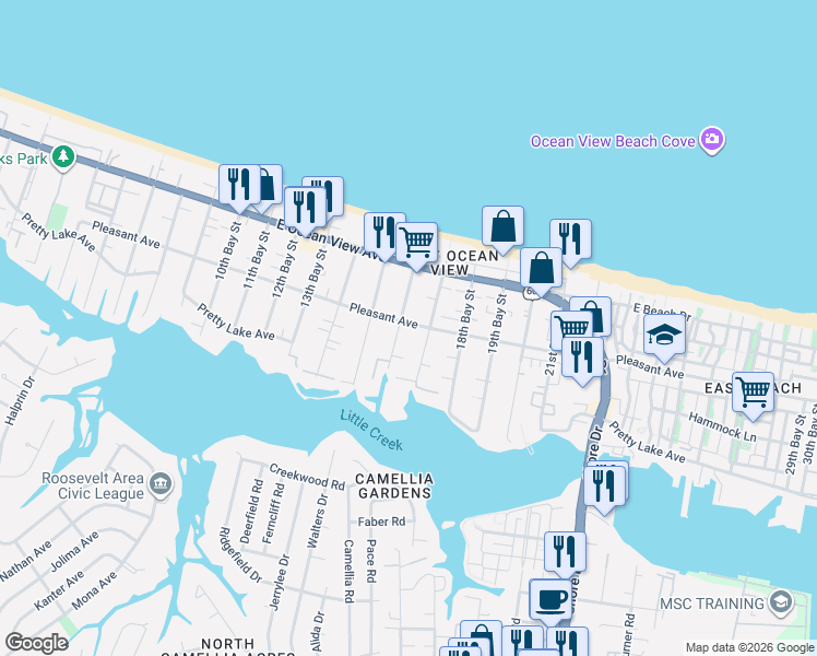 map of restaurants, bars, coffee shops, grocery stores, and more near 9610 16th Bay Street in Norfolk