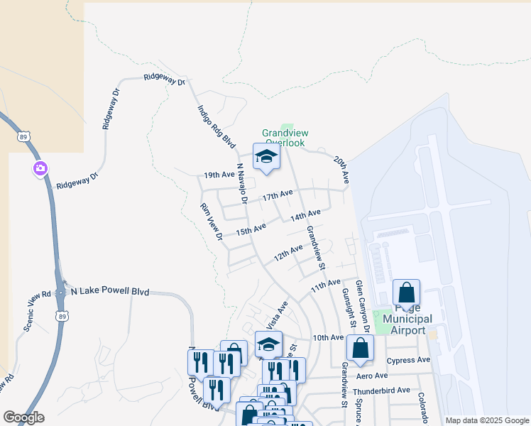 map of restaurants, bars, coffee shops, grocery stores, and more near 1651 Mesa Drive in Page