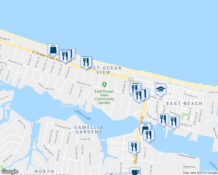map of restaurants, bars, coffee shops, grocery stores, and more near 9617 18th Bay Street in Norfolk