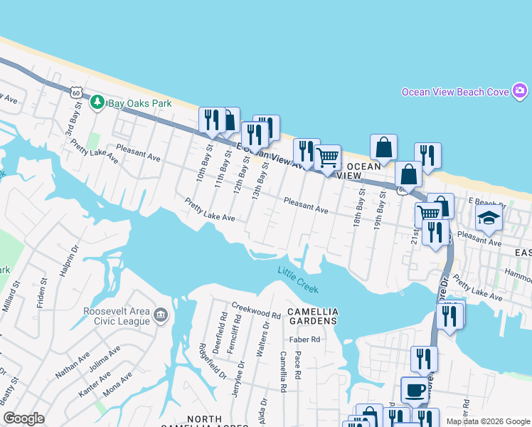 map of restaurants, bars, coffee shops, grocery stores, and more near 9574 14th Bay Street in Norfolk