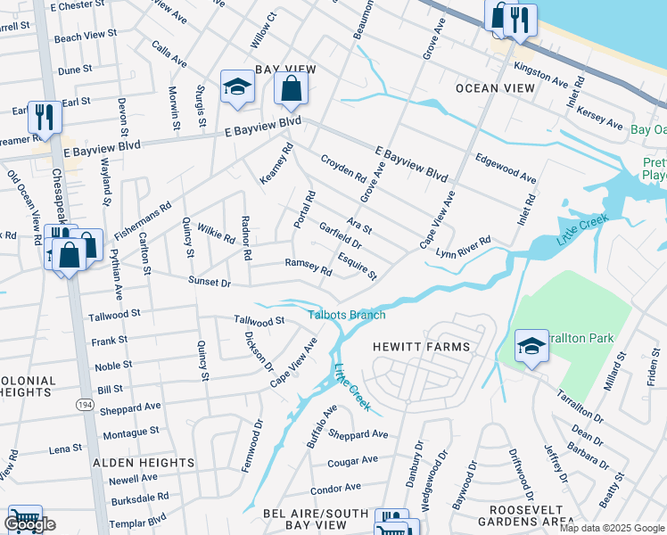 map of restaurants, bars, coffee shops, grocery stores, and more near 1800 Ramsey Road in Norfolk