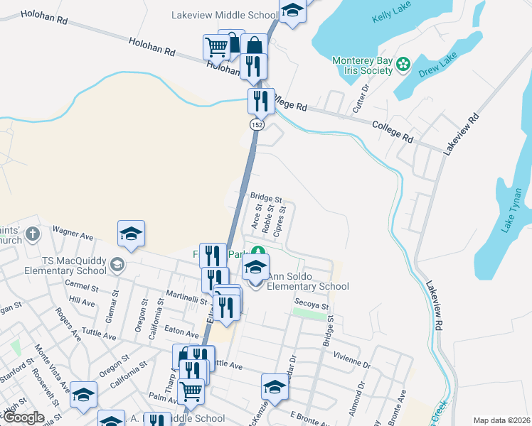 map of restaurants, bars, coffee shops, grocery stores, and more near 718 Roble Street in Watsonville