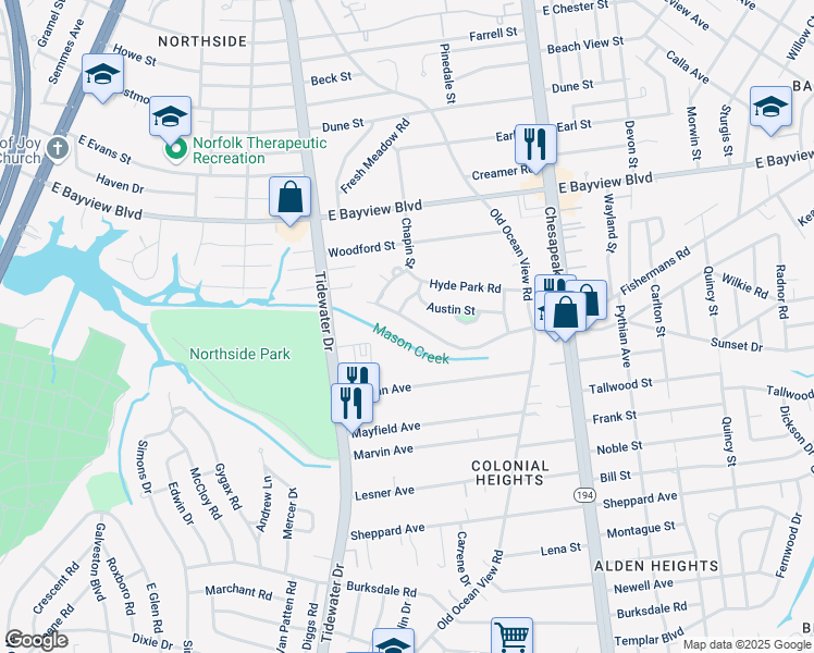 map of restaurants, bars, coffee shops, grocery stores, and more near 505 Fishermans Road in Norfolk