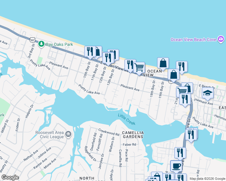 map of restaurants, bars, coffee shops, grocery stores, and more near 9574 14th Bay Street in Norfolk