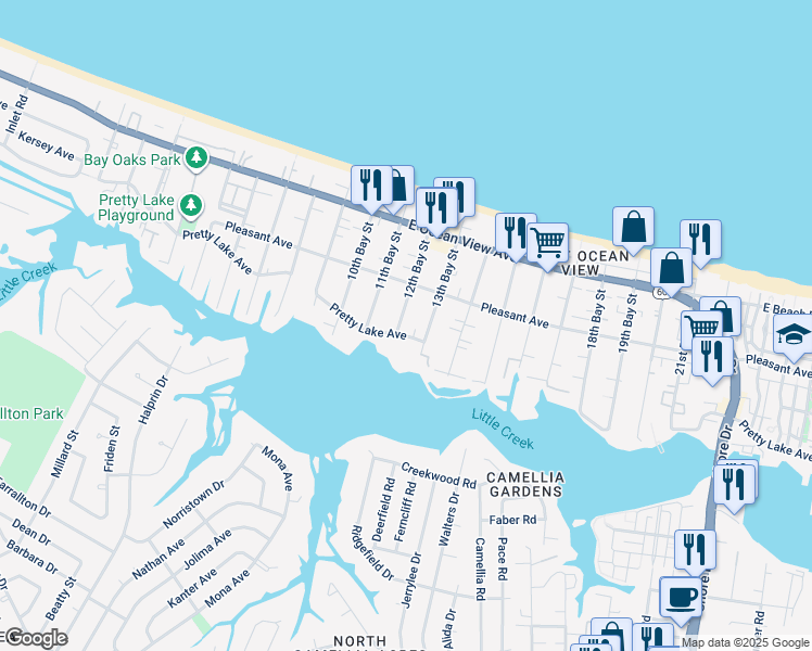 map of restaurants, bars, coffee shops, grocery stores, and more near 9549 12th Bay Street in Norfolk