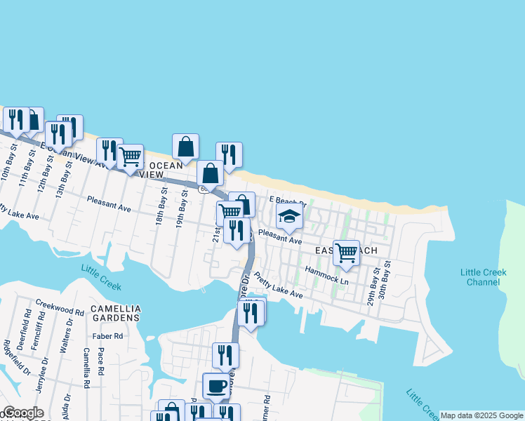 map of restaurants, bars, coffee shops, grocery stores, and more near 9666 23rd Bay Street in Norfolk