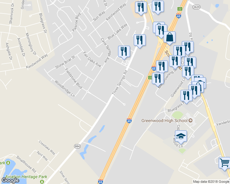 map of restaurants, bars, coffee shops, grocery stores, and more near 847 Three Springs Road in Bowling Green