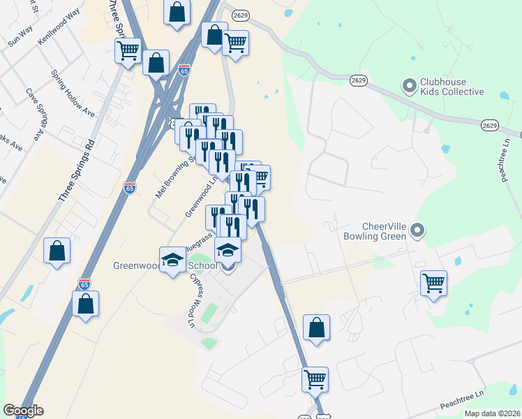 map of restaurants, bars, coffee shops, grocery stores, and more near 4848 Scottsville Road in Bowling Green