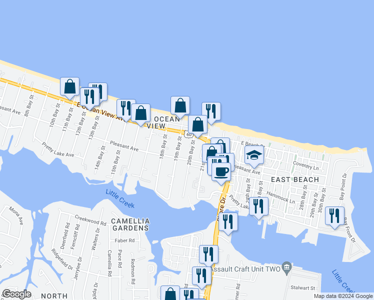 map of restaurants, bars, coffee shops, grocery stores, and more near 9617 20th Bay Street in Norfolk