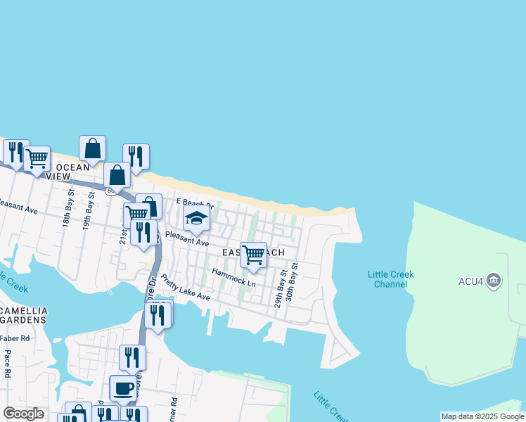 map of restaurants, bars, coffee shops, grocery stores, and more near 9740 27th Bay Street in Norfolk