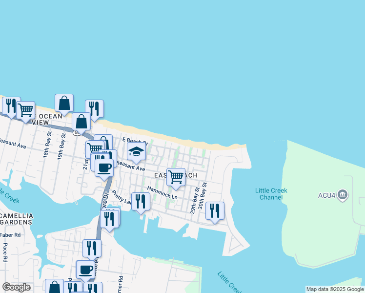 map of restaurants, bars, coffee shops, grocery stores, and more near 9740 27th Bay Street in Norfolk