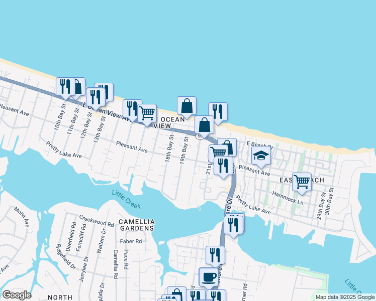 map of restaurants, bars, coffee shops, grocery stores, and more near 9621 19th Bay Street in Norfolk