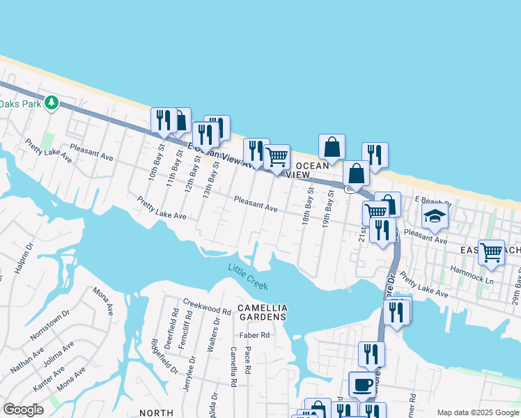 map of restaurants, bars, coffee shops, grocery stores, and more near 3510 Pleasant Avenue in Norfolk