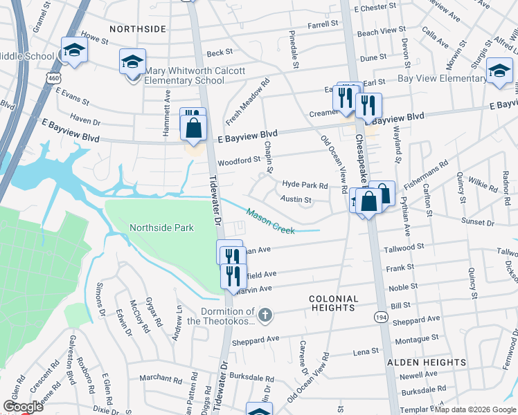 map of restaurants, bars, coffee shops, grocery stores, and more near 425 Fishermans Road in Norfolk