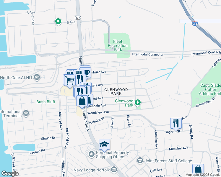 map of restaurants, bars, coffee shops, grocery stores, and more near 222 Beechwood Avenue in Norfolk
