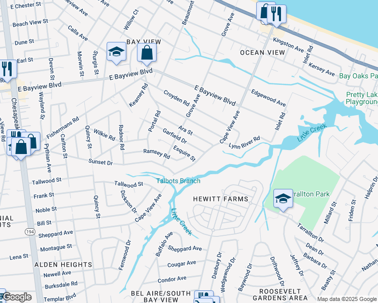map of restaurants, bars, coffee shops, grocery stores, and more near 1813 Garfield Drive in Norfolk