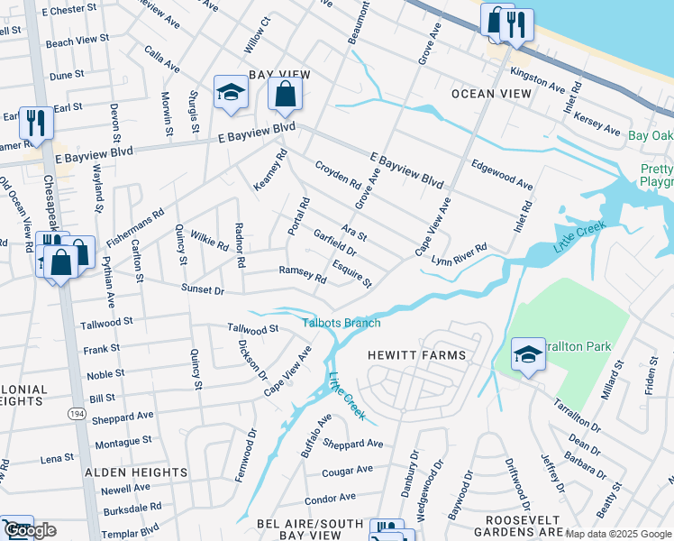 map of restaurants, bars, coffee shops, grocery stores, and more near 1803 Esquire Street in Norfolk