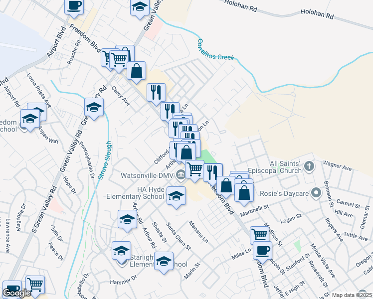 map of restaurants, bars, coffee shops, grocery stores, and more near 2 Arthur Road in Watsonville