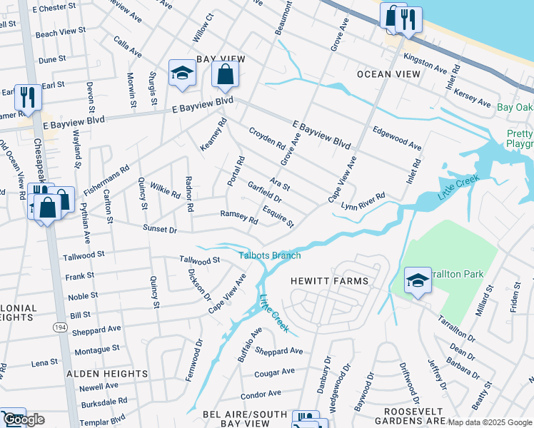 map of restaurants, bars, coffee shops, grocery stores, and more near 1803 Esquire Street in Norfolk