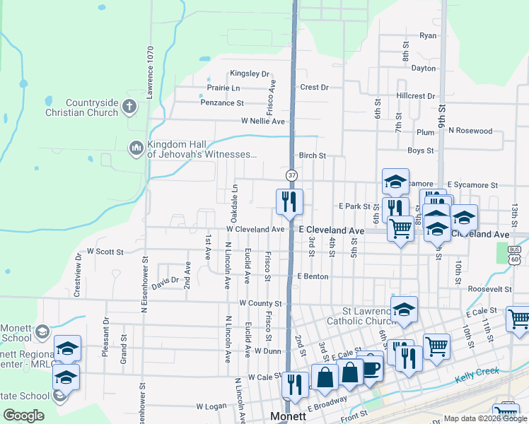 map of restaurants, bars, coffee shops, grocery stores, and more near 200 West Park Street in Monett