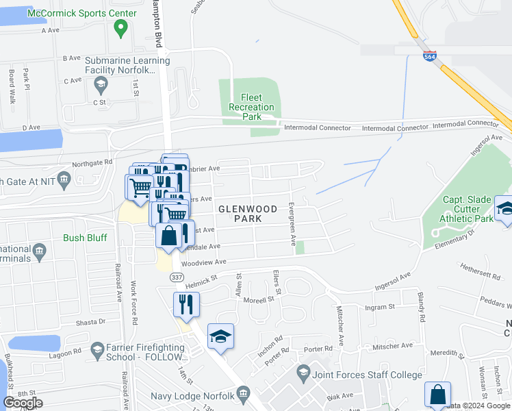 map of restaurants, bars, coffee shops, grocery stores, and more near 300 Beechwood Avenue in Norfolk