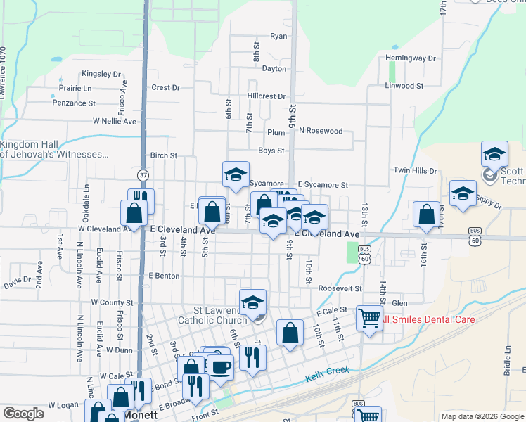 map of restaurants, bars, coffee shops, grocery stores, and more near 800-848 Park Street in Monett