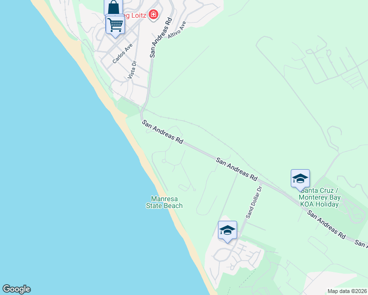 map of restaurants, bars, coffee shops, grocery stores, and more near 181 Holiday Drive in La Selva Beach