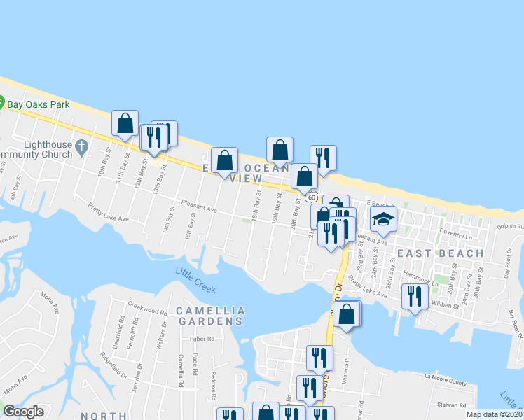 map of restaurants, bars, coffee shops, grocery stores, and more near 9621 19th Bay Street in Norfolk