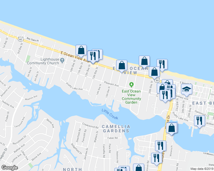 map of restaurants, bars, coffee shops, grocery stores, and more near 3510 Pleasant Avenue in Norfolk