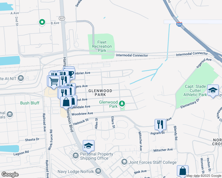 map of restaurants, bars, coffee shops, grocery stores, and more near 335 Rogers Avenue in Norfolk