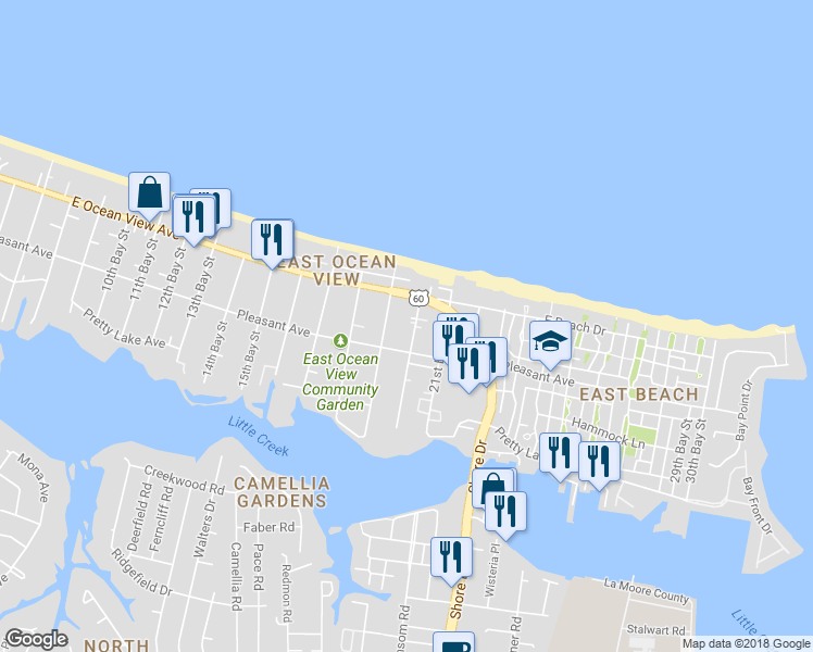 map of restaurants, bars, coffee shops, grocery stores, and more near 9621 20th Bay Street in Norfolk