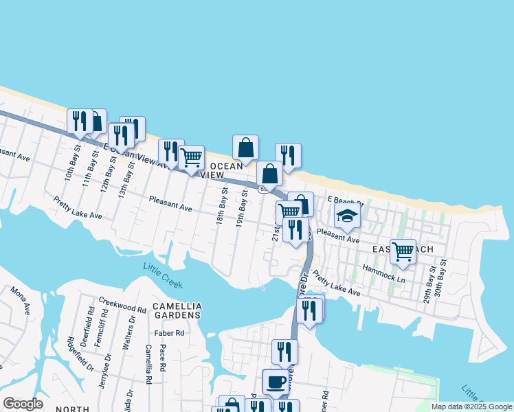map of restaurants, bars, coffee shops, grocery stores, and more near 9621 20th Bay Street in Norfolk