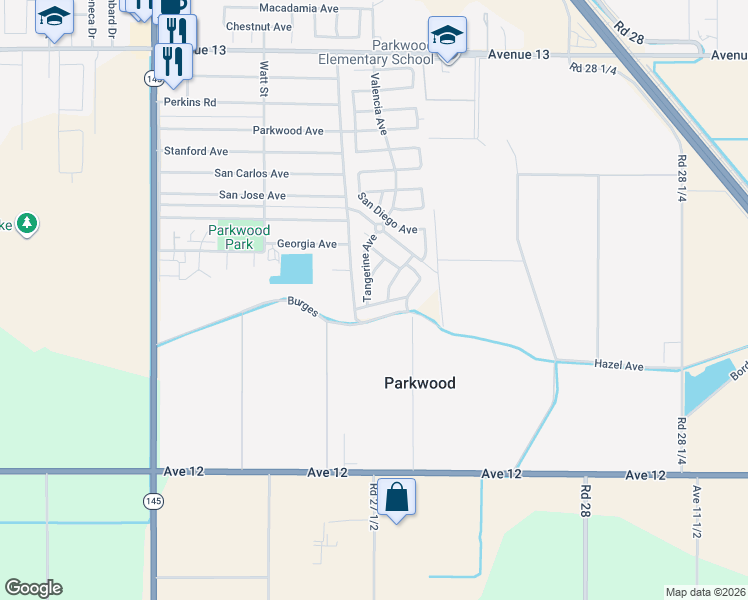 map of restaurants, bars, coffee shops, grocery stores, and more near 2081 Tangerine Avenue in Madera