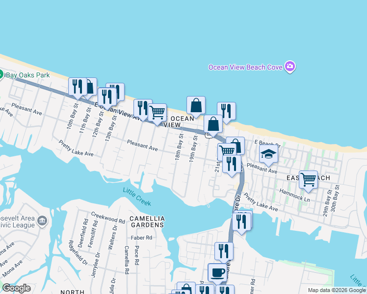 map of restaurants, bars, coffee shops, grocery stores, and more near 9621 19th Bay Street in Norfolk