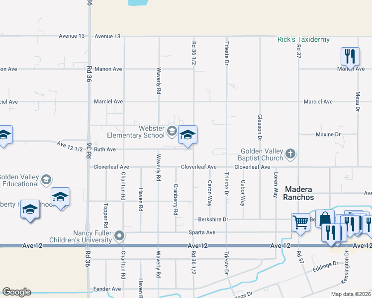 map of restaurants, bars, coffee shops, grocery stores, and more near 36477 Ruth Avenue in Madera