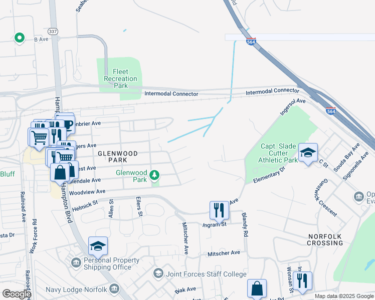 map of restaurants, bars, coffee shops, grocery stores, and more near 537 Beechwood Avenue in Norfolk
