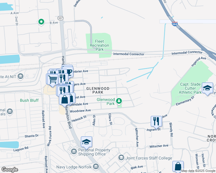 map of restaurants, bars, coffee shops, grocery stores, and more near 335 Rogers Avenue in Norfolk