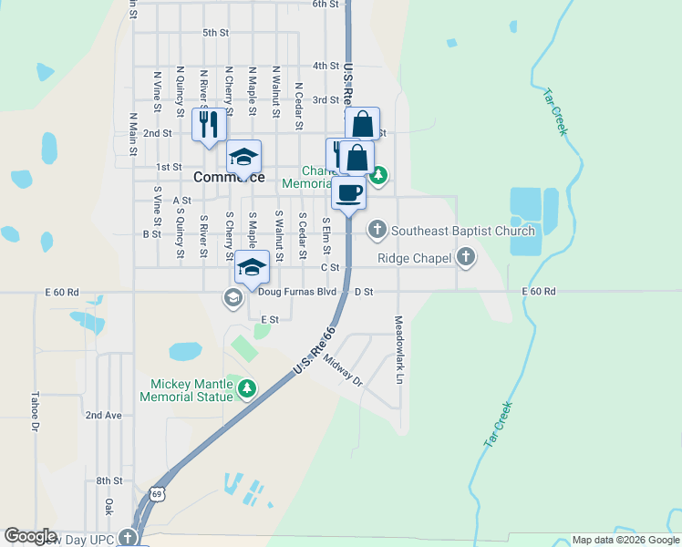 map of restaurants, bars, coffee shops, grocery stores, and more near 402 South Mickey Mantle Boulevard in Commerce