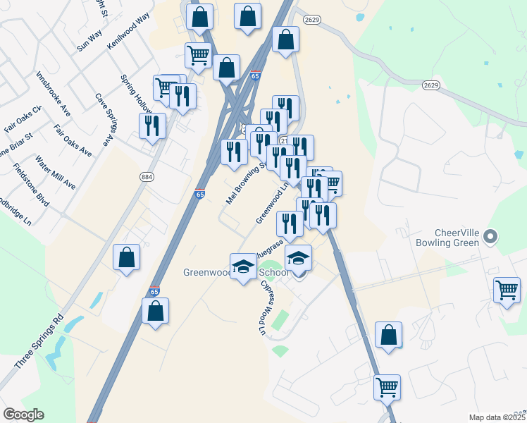 map of restaurants, bars, coffee shops, grocery stores, and more near 249 Greenwood Lane in Bowling Green