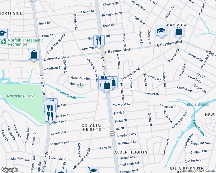 map of restaurants, bars, coffee shops, grocery stores, and more near 8500 Chesapeake Boulevard in Norfolk
