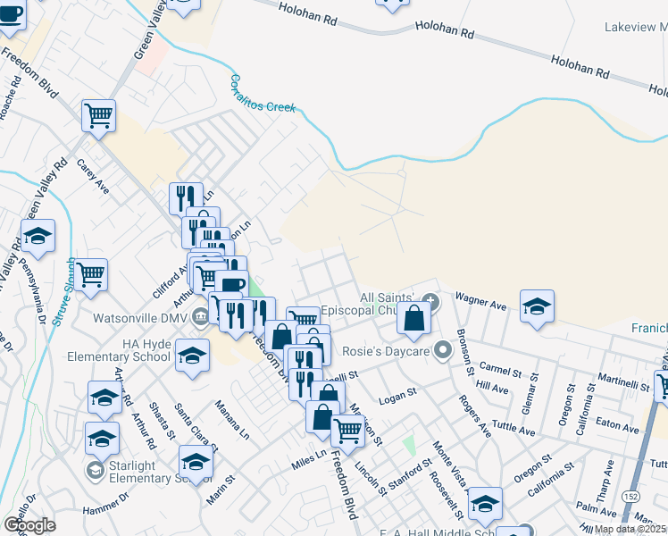 map of restaurants, bars, coffee shops, grocery stores, and more near 1165 Brewington Avenue in Watsonville