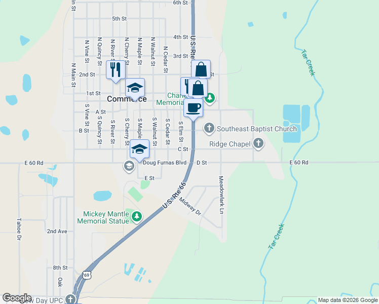 map of restaurants, bars, coffee shops, grocery stores, and more near 402 South Mickey Mantle Boulevard in Commerce