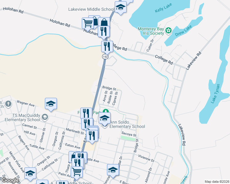map of restaurants, bars, coffee shops, grocery stores, and more near 701 Cipres Street in Watsonville