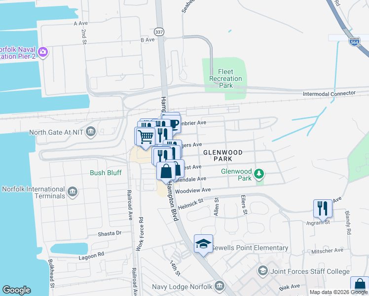 map of restaurants, bars, coffee shops, grocery stores, and more near 8510 Hampton Boulevard in Norfolk