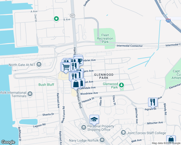 map of restaurants, bars, coffee shops, grocery stores, and more near 145 Rogers Avenue in Norfolk