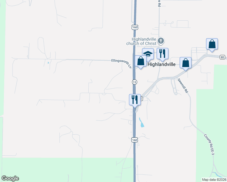 map of restaurants, bars, coffee shops, grocery stores, and more near 132 Dry Creek Lane in Highlandville