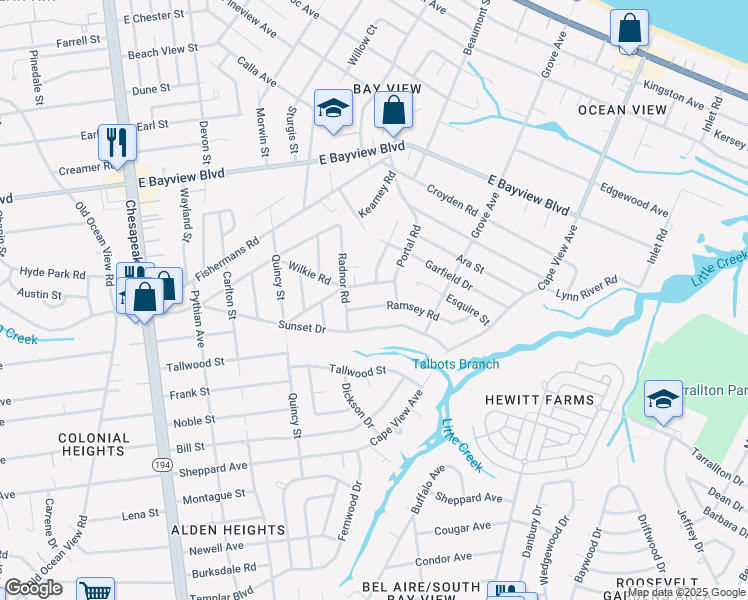 map of restaurants, bars, coffee shops, grocery stores, and more near 1411 Exeter Road in Norfolk