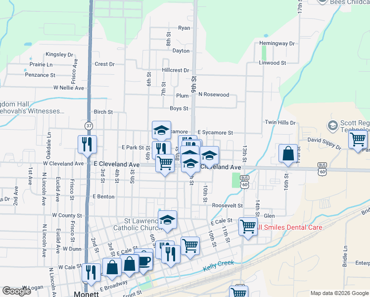 map of restaurants, bars, coffee shops, grocery stores, and more near 848 Park St in Monett