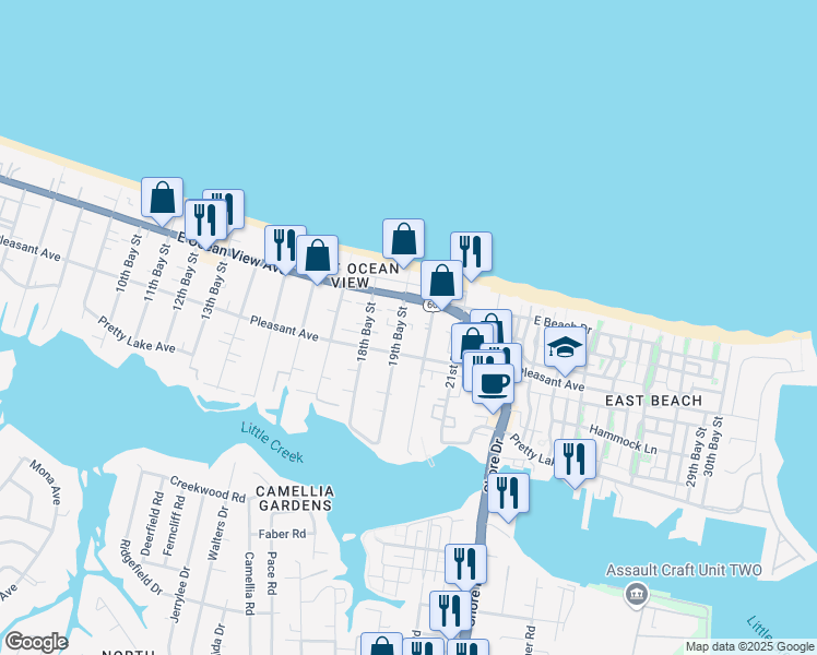 map of restaurants, bars, coffee shops, grocery stores, and more near 9620 19th Bay Street in Norfolk