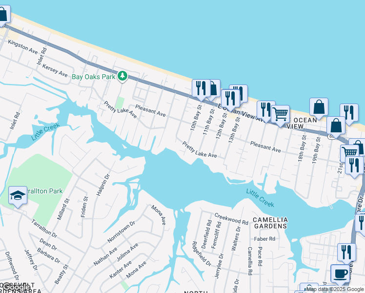 map of restaurants, bars, coffee shops, grocery stores, and more near 9508 9th Bay Street in Norfolk